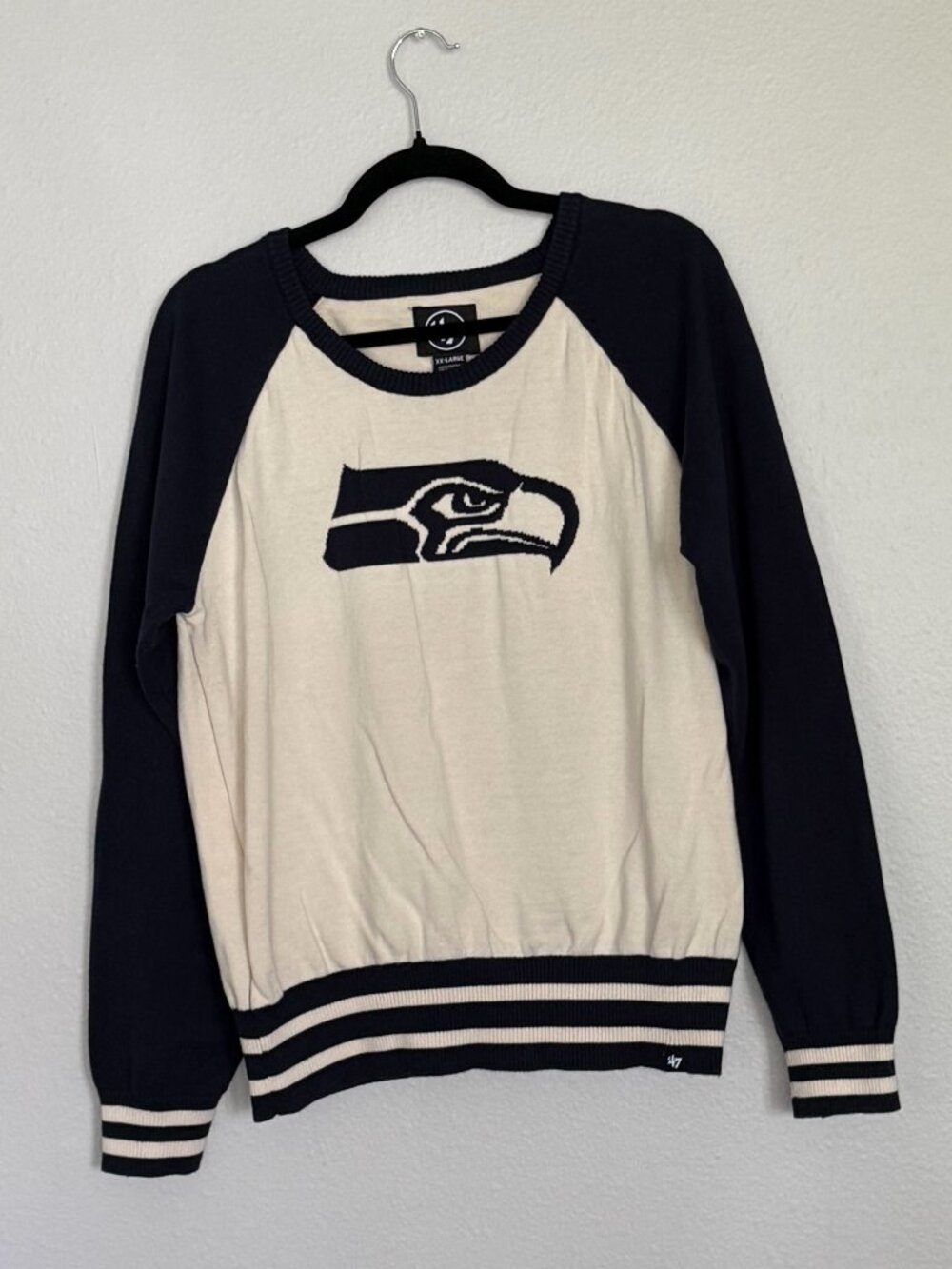 '47 Brand Seattle Seahawks Knit Sweater Raglan Cream Navy Blue NFL Size XXL